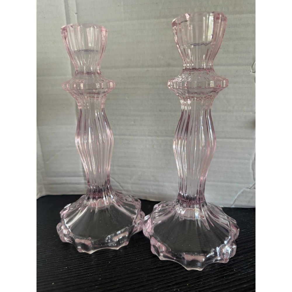 Pink Depression Glass Candlestick Holders Ribbed Scalloped Base‎ Taper Pair 8"